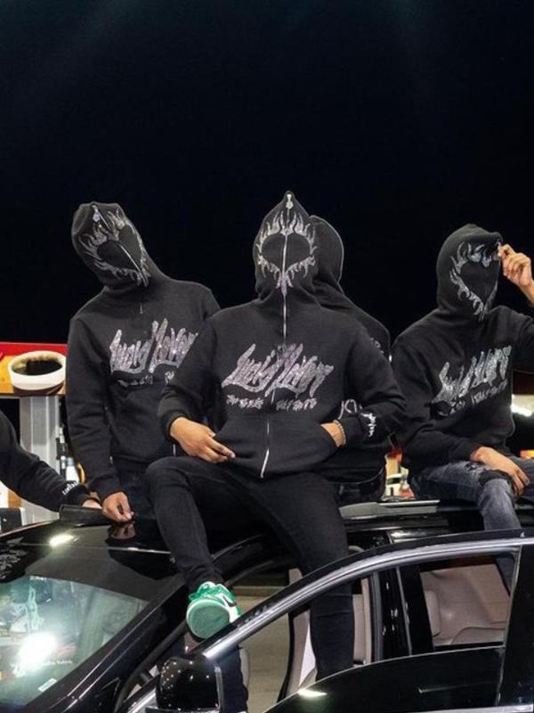 Men's Street Rhinestone Print Full Zip Oversized Hoodie Product Image