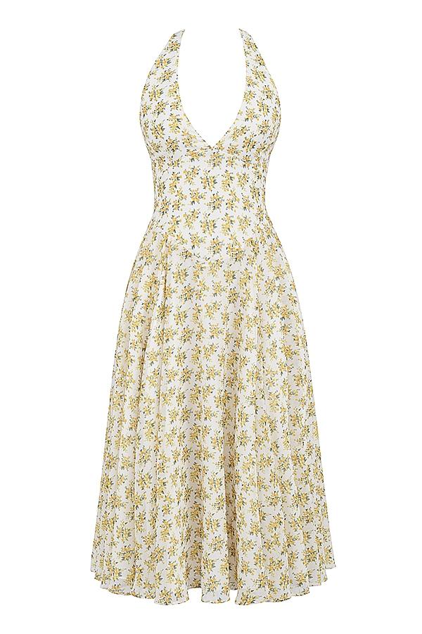 Solada  ivory vintage floral print georgette halter sundress Product Image
