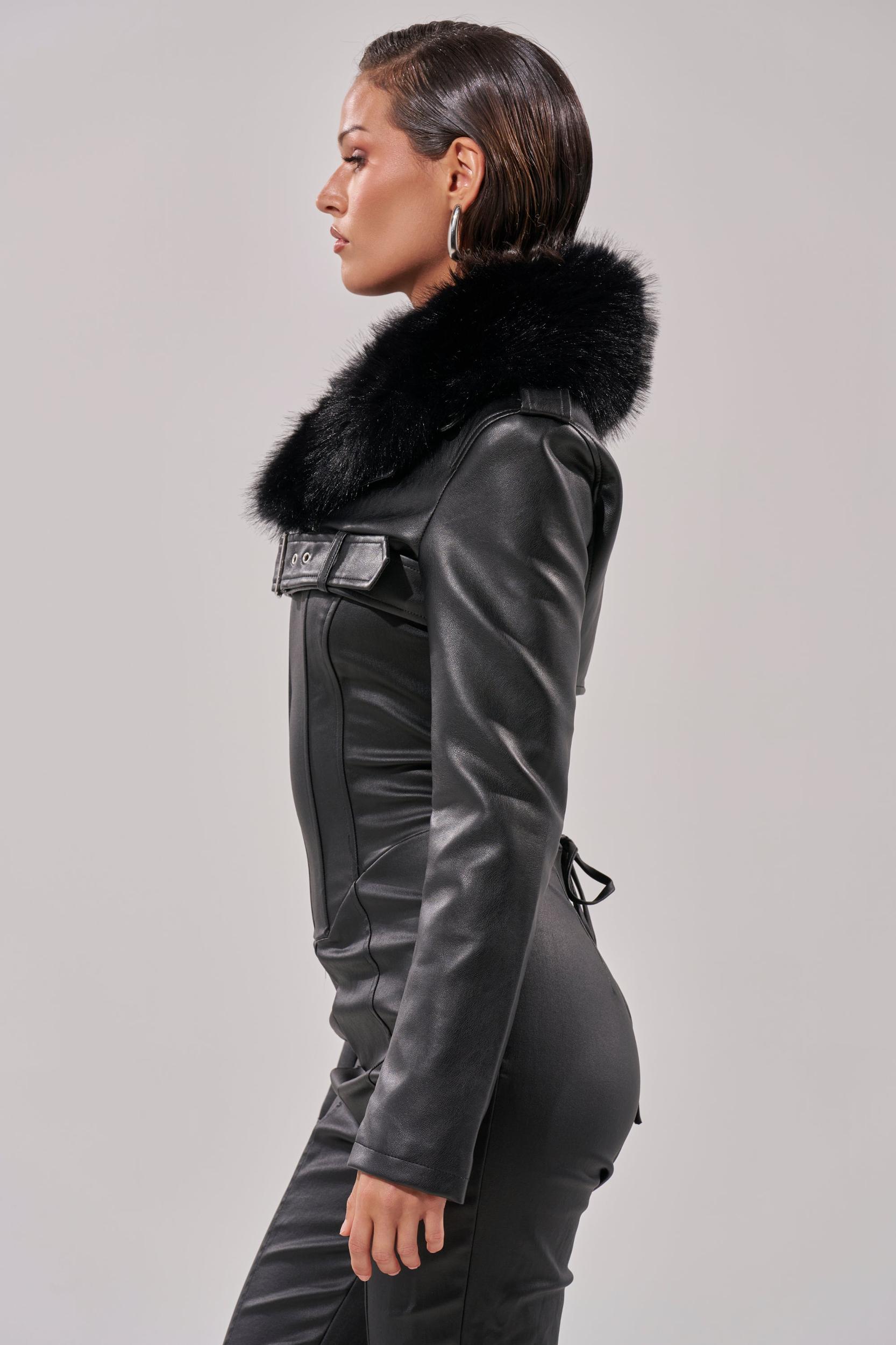 HALF MY HEART ULTRA CROPPED MOTO WITH FUR COLLAR Product Image