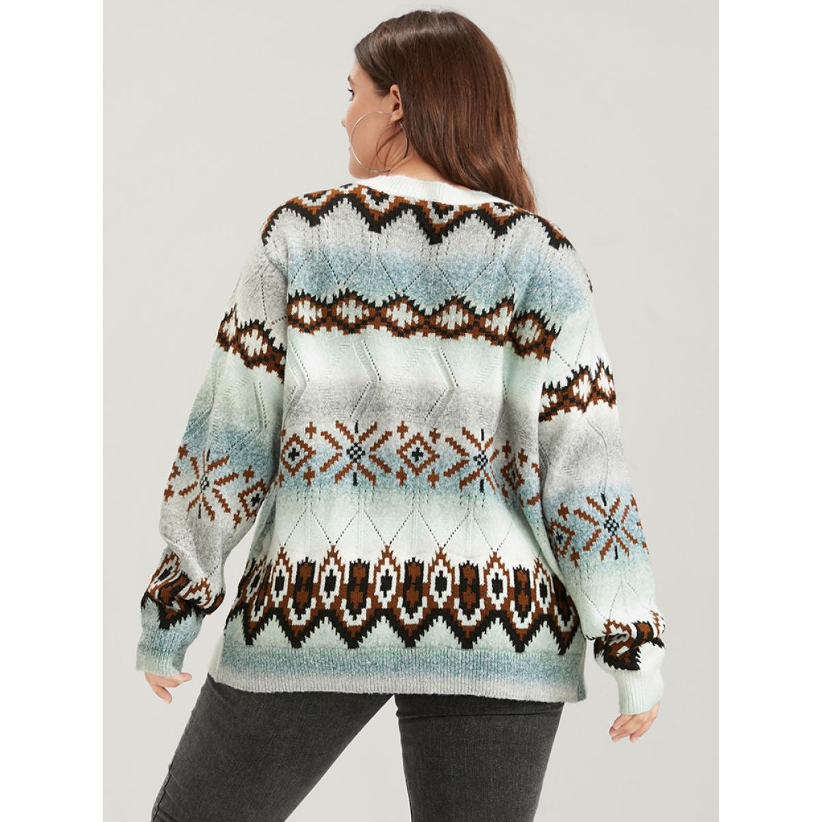 Plus Size Geometric Print Super Soft Plush Knit Button Front Cardigan Multicolor Women Casual Loose Long Sleeve Dailywear Cardigans BloomChic 10/M Product Image