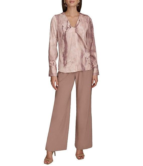 Donna Karan Mink Multi Printed Satin Twist Front V-Neck Long Sleeve Blouse Product Image