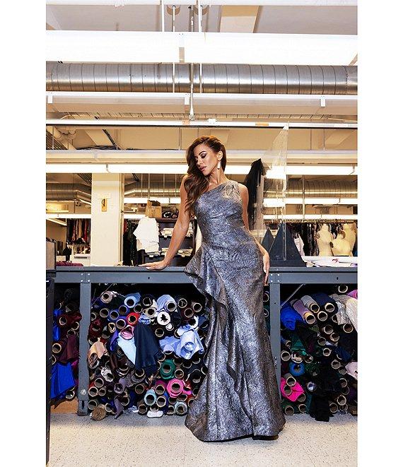 Xscape One Shoulder Metallic Jacquard Gown With Ruffle Product Image
