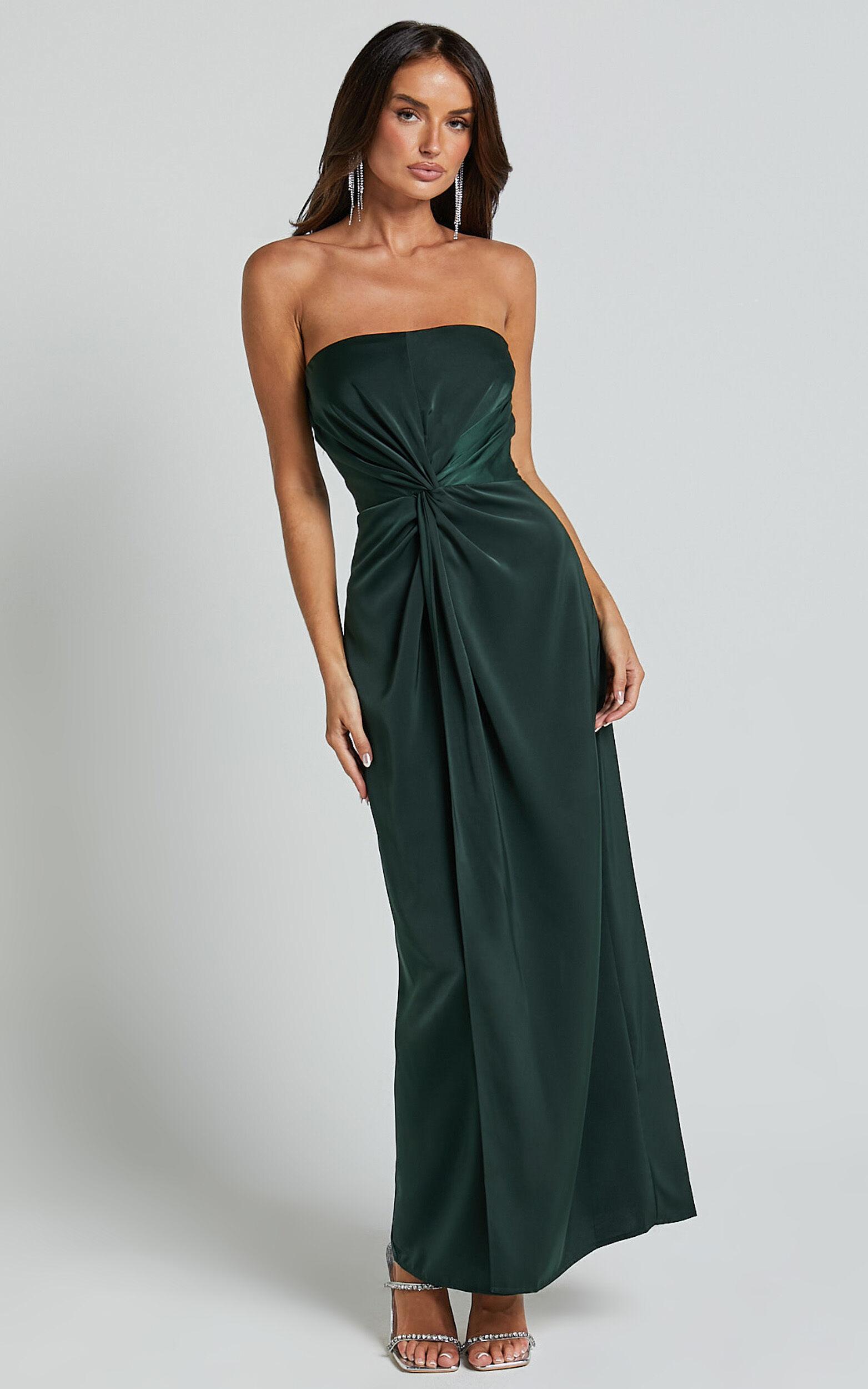 Hathaway Maxi Dress - Strapless Straight Neck Twist Front Split in Emerald Product Image