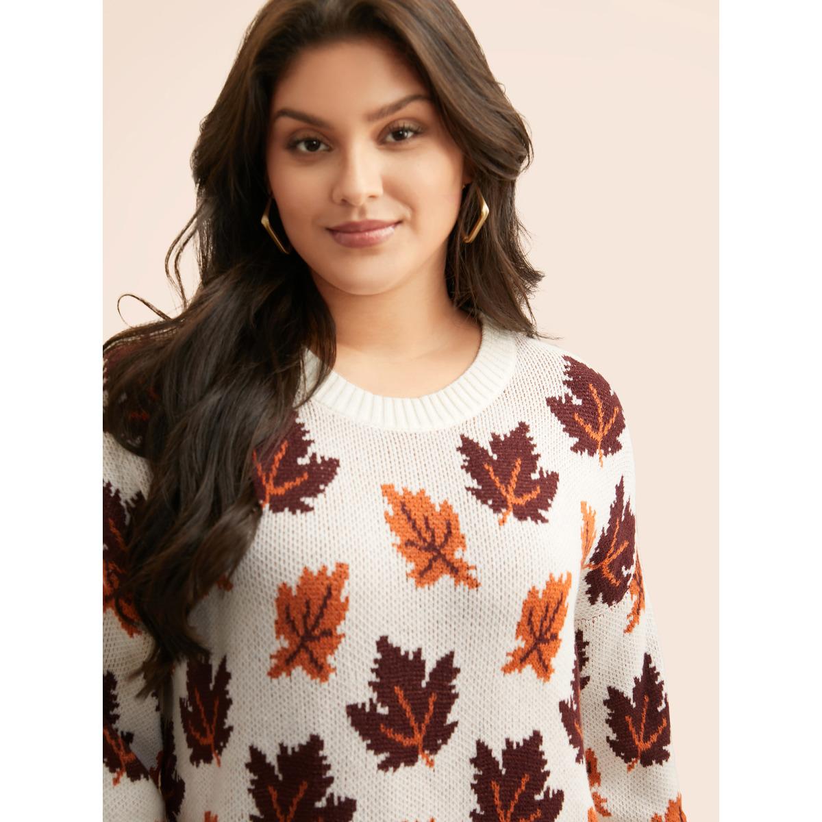 Plus Size Leaves Jacquard Drop Shoulder Sleeve Pullover Ivory Women Casual Long Sleeve Round Neck Everyday Pullovers BloomChic 10/M Product Image