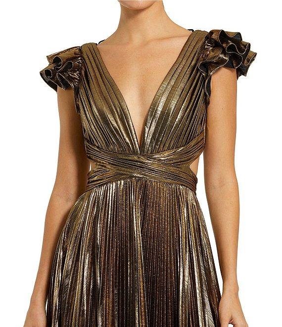 Mac Duggal Ruffle Sleeve Lace Back Pleated Metallic Aline Gown Product Image