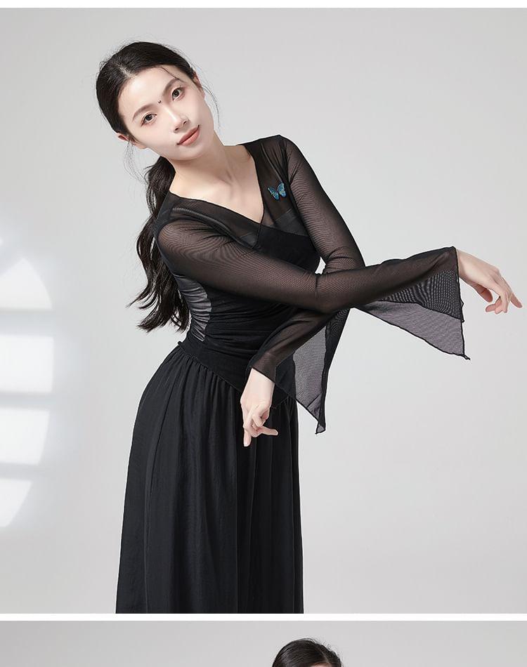 Flared-Sleeve Butterfly Embroidered Dance Top Product Image