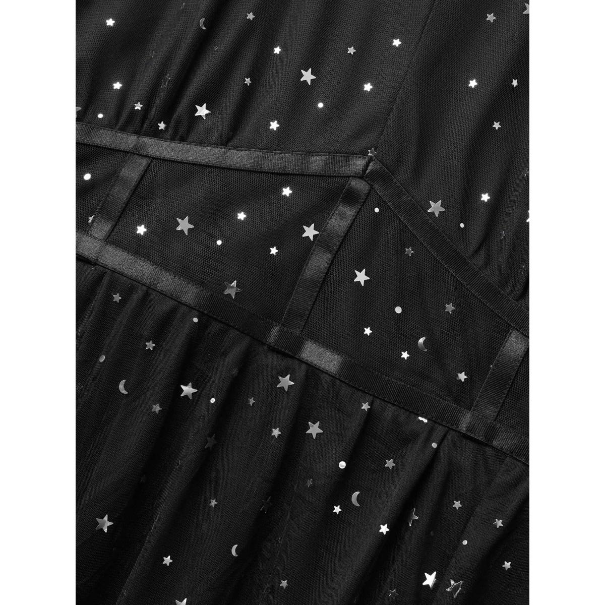 Plus Size Glitter Star Mesh Patchwork Split Hem Dress Black Women Cocktail See through V-neck Short sleeve Curvy BloomChic 12/L Product Image