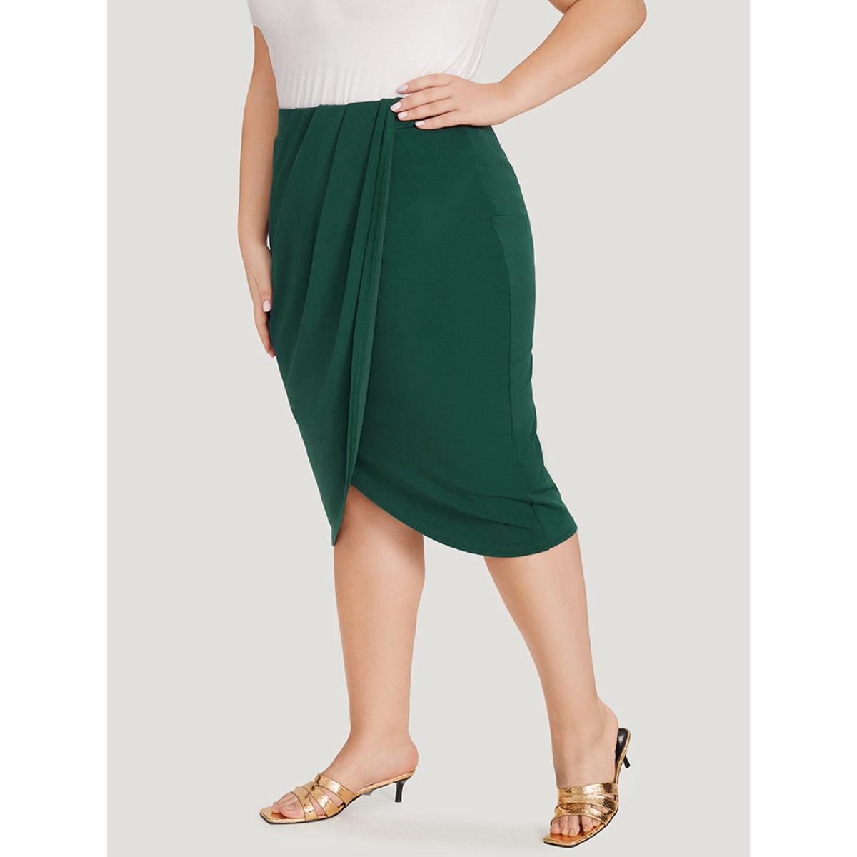 Plus Size Solid Pleated Detail Wrap Hem Skirt Women DarkGreen Office Plain Bodycon No stretch Work Skirts BloomChic 22-24/3X Product Image