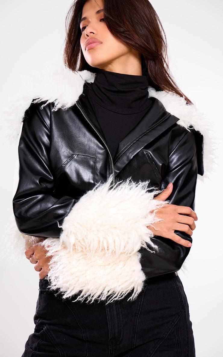 Black Faux Fur White Trim Contrast Faux Leather Jacket Product Image