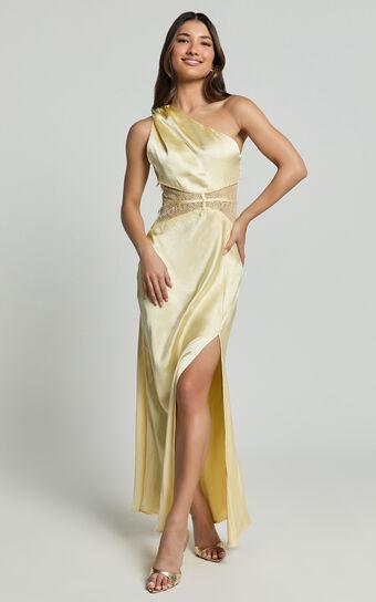 Estella Midi Dress - Asymmetrical Lace Detail Waist Slip Dress in Butter Product Image