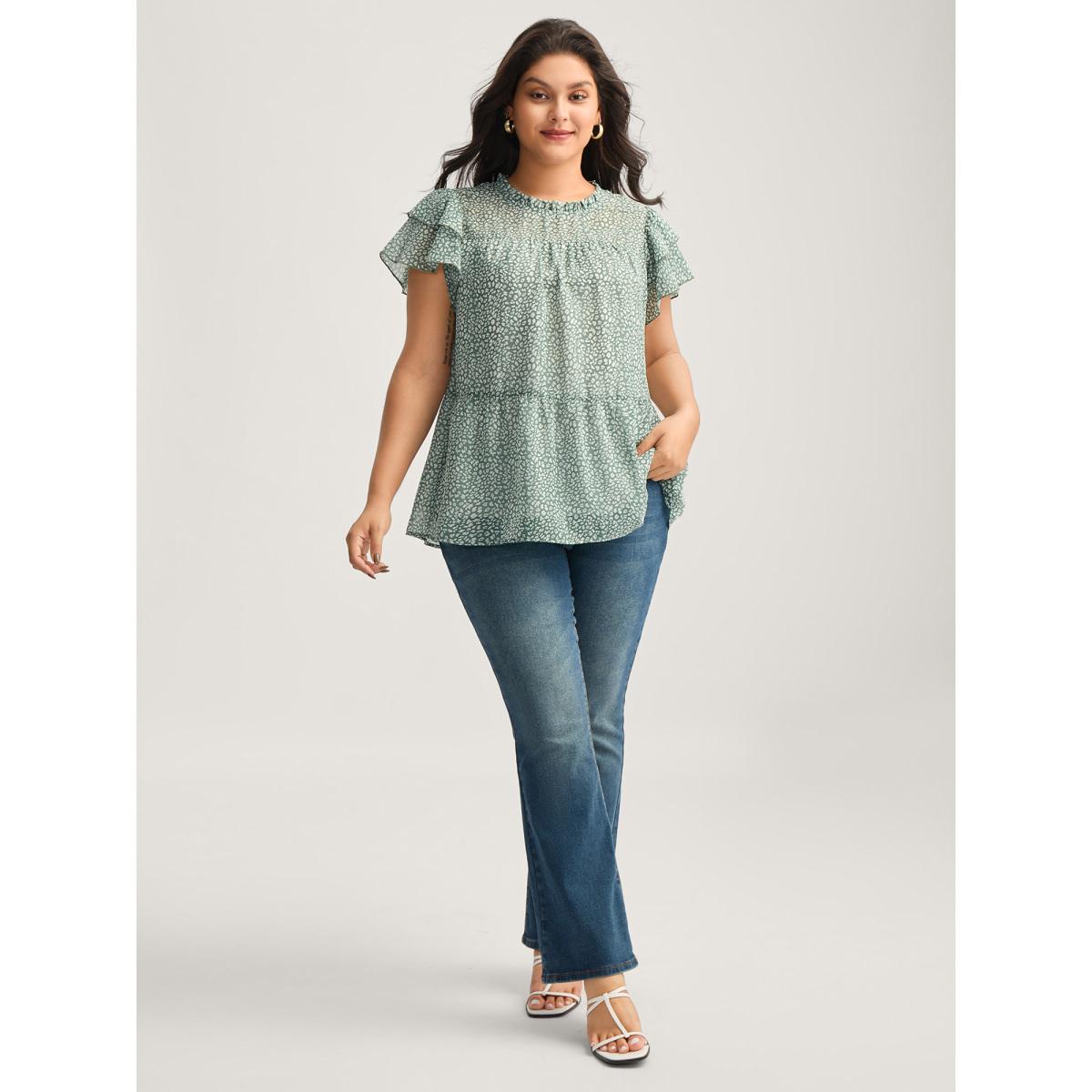 Plus Size Greenbean Leopard Print Stretchy Neck Flowy Blouse Women Timeless Cap Sleeve Round Neck Office Blouses BloomChic 10/M Product Image