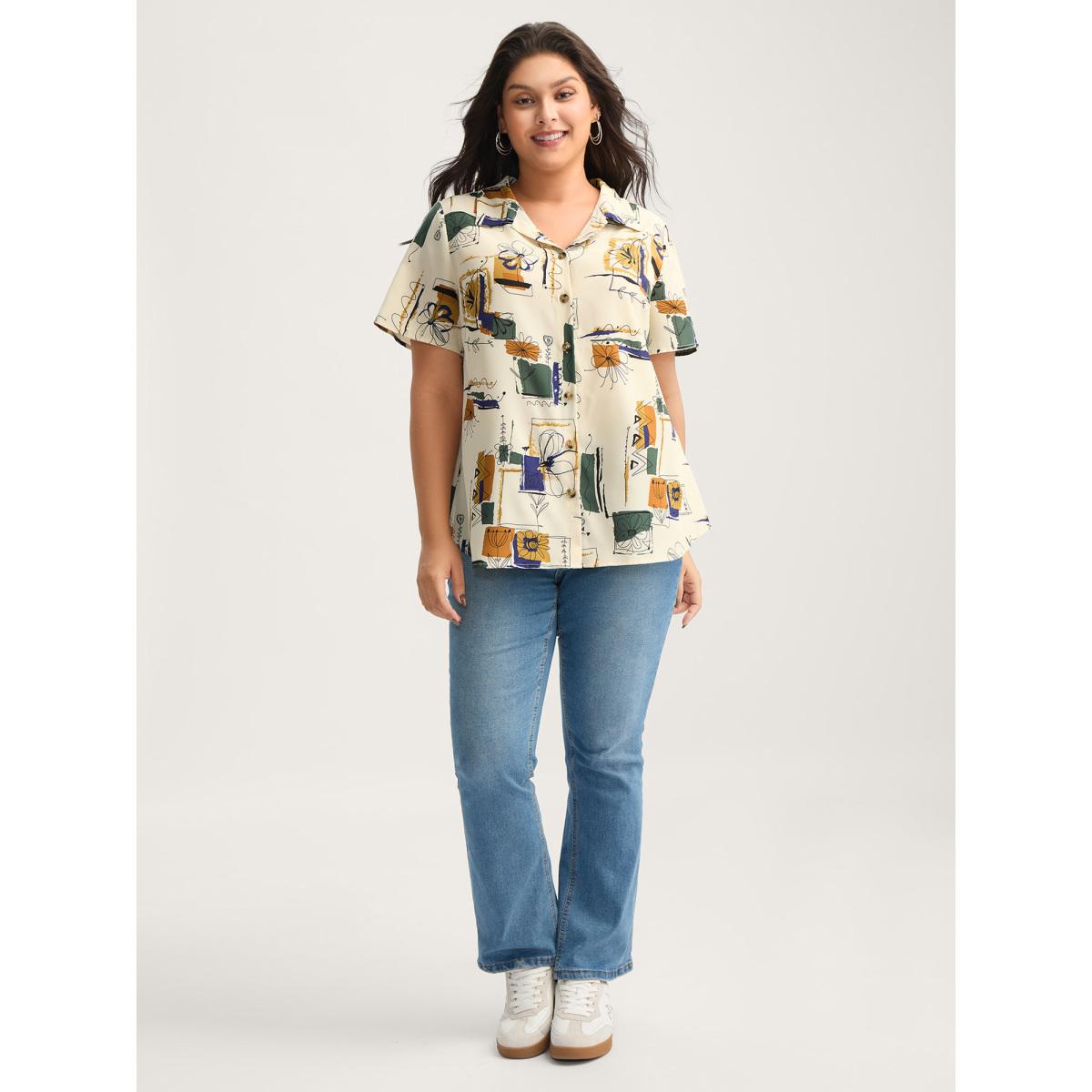 Plus Size Ivory Floral Notes Collared Blouse Women Short sleeve Shirt collar Everyday-Casual Blouses BloomChic 26/4X Product Image