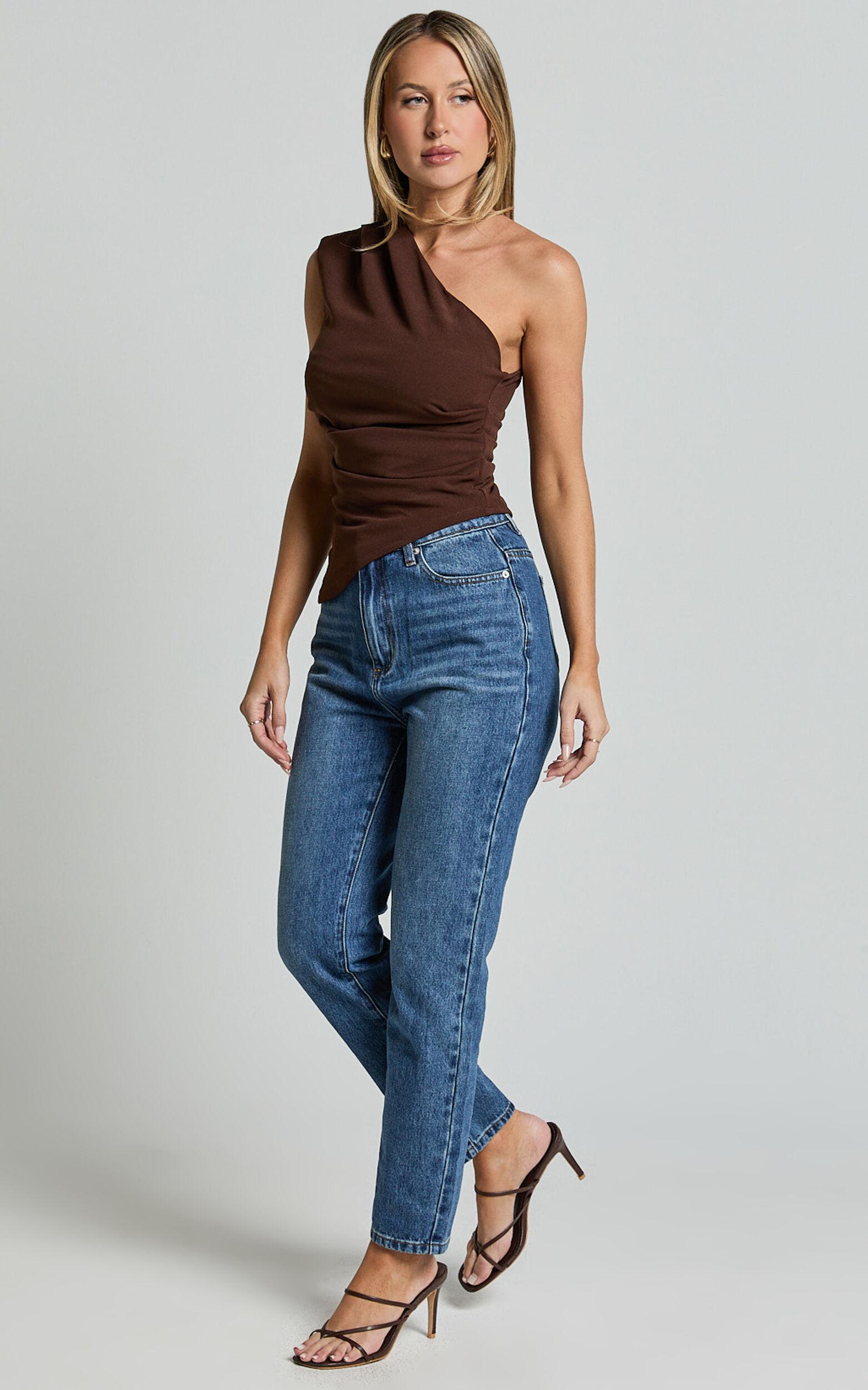 Amal Top - Asymmetrical One Shoulder Gathered Top in Chocolate Product Image