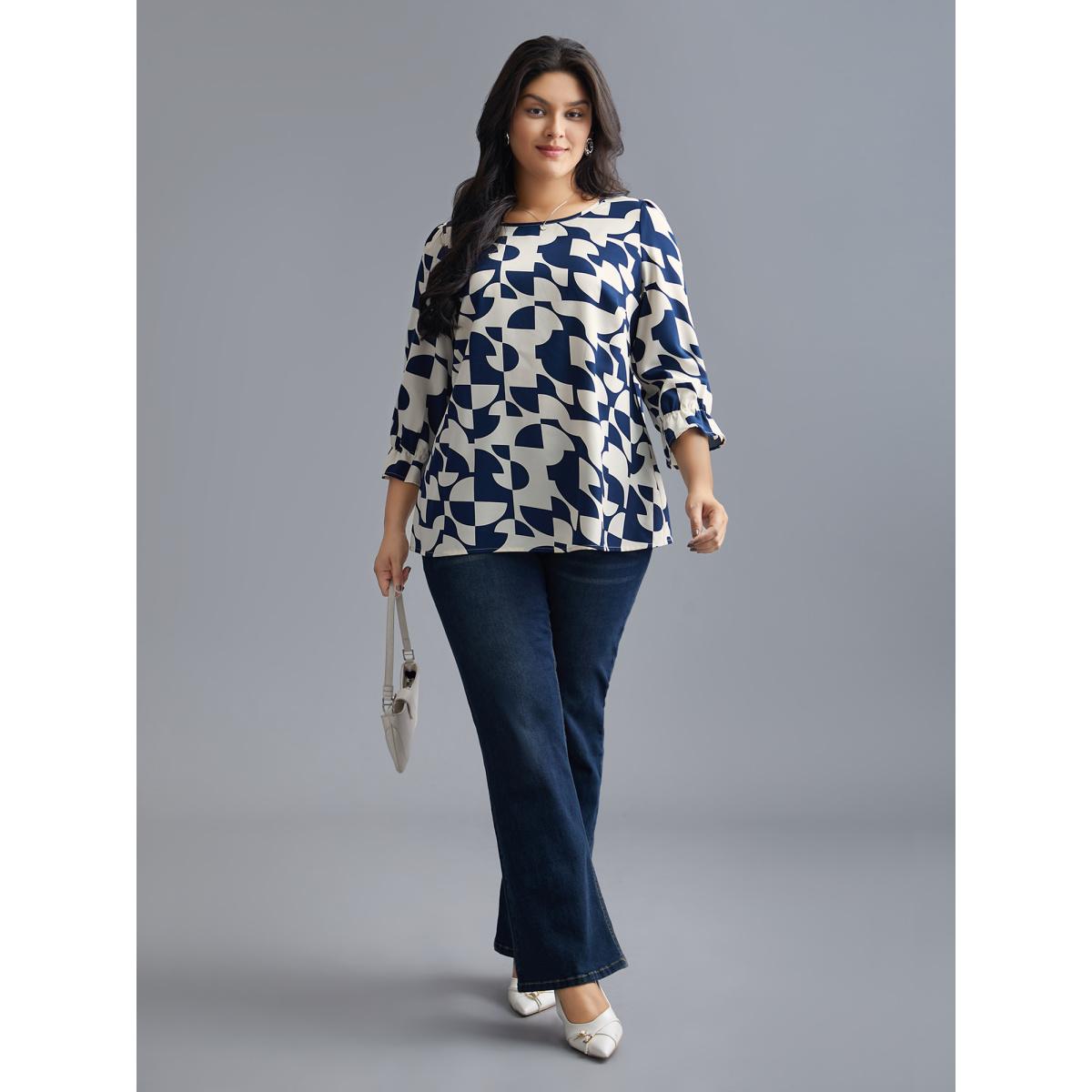 Plus Size Indigo Round Neck Geometric Print Blouse Women Office Elbow-length sleeve Round Neck Office Blouses BloomChic 10/M Product Image