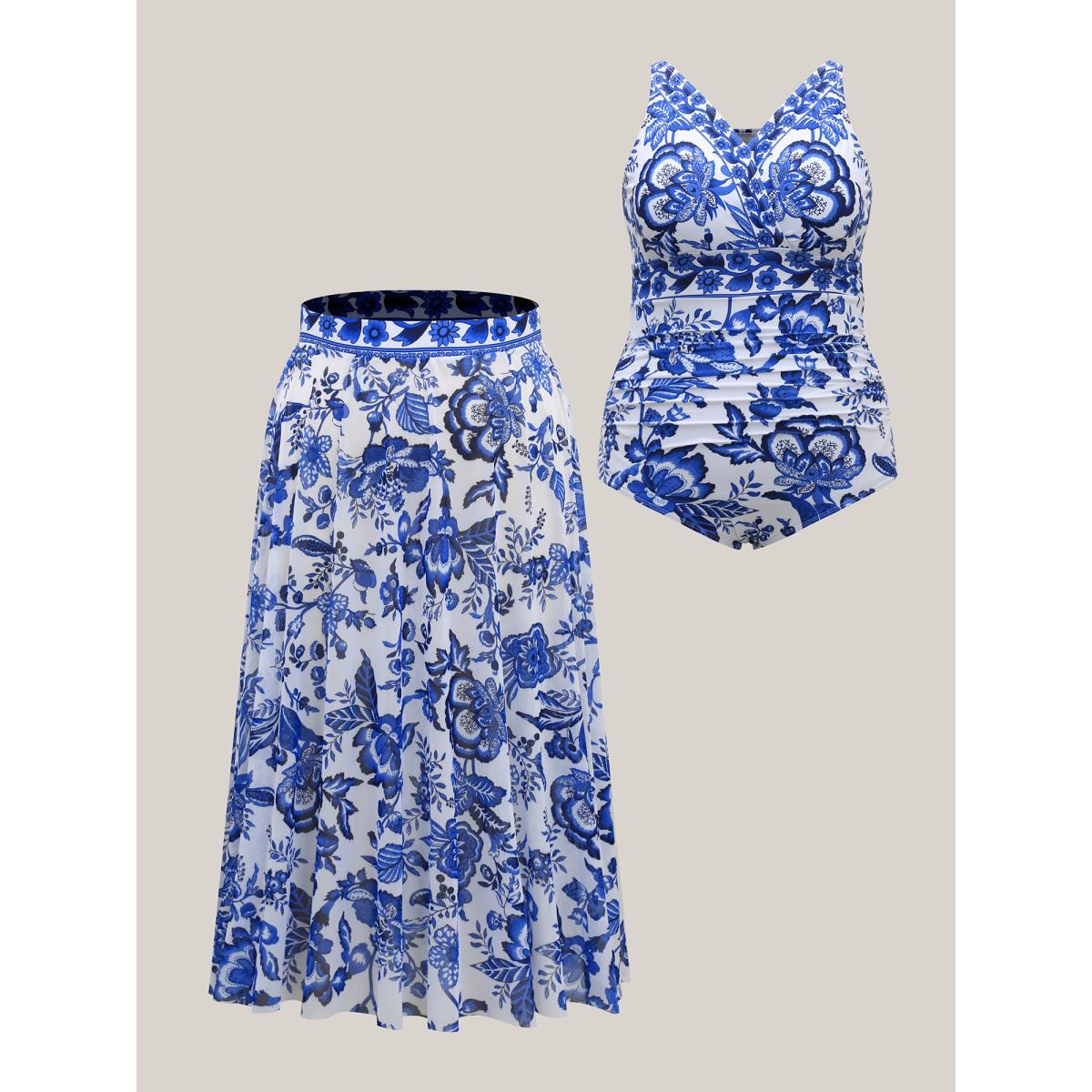 Plus Size Two-Piece Floral Print Ruched Mesh Swimsuit, Sarong Women's Swimwear Indigo Resort Gathered Curve Bathing Suits High stretch One Pieces BloomChic 14-16/1X Product Image
