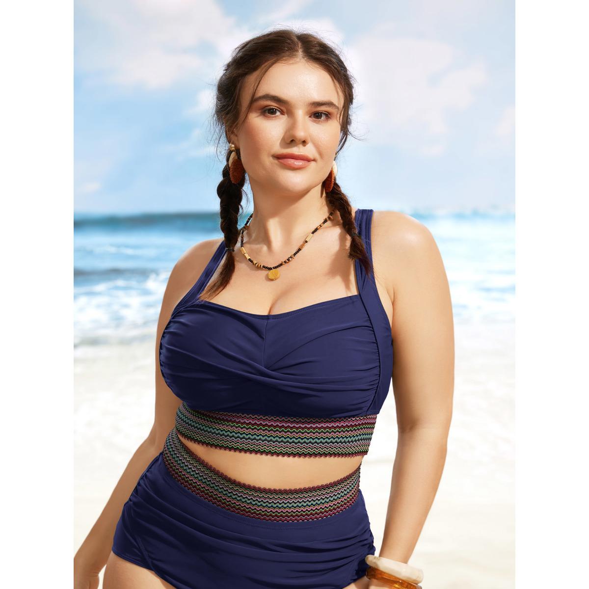 Plus Size Twist Front Patchwork Woven Ribbon Swim Top Women's Swimwear Indigo Resort Woven ribbon&lace trim High stretch Skinny Heart neckline Curve Swim Tops BloomChic 18-20/2X Product Image