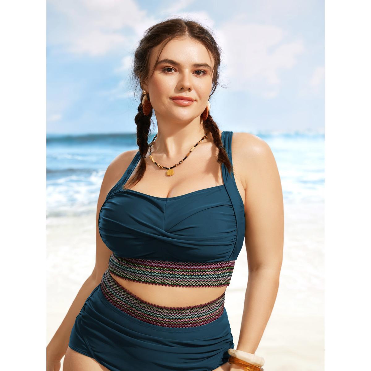 Plus Size Twist Front Patchwork Woven Ribbon Swim Top Women's Swimwear Cyan Resort Woven ribbon&lace trim High stretch Skinny Heart neckline Curve Swim Tops BloomChic 30/6X Product Image