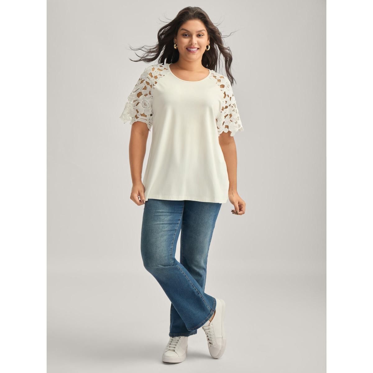 Plus Size Lace Cut-Out Sleeve Solid T-Shirt Originalwhite Women Leisure Round Neck Casual T-shirts BloomChic 18-20/2X Product Image