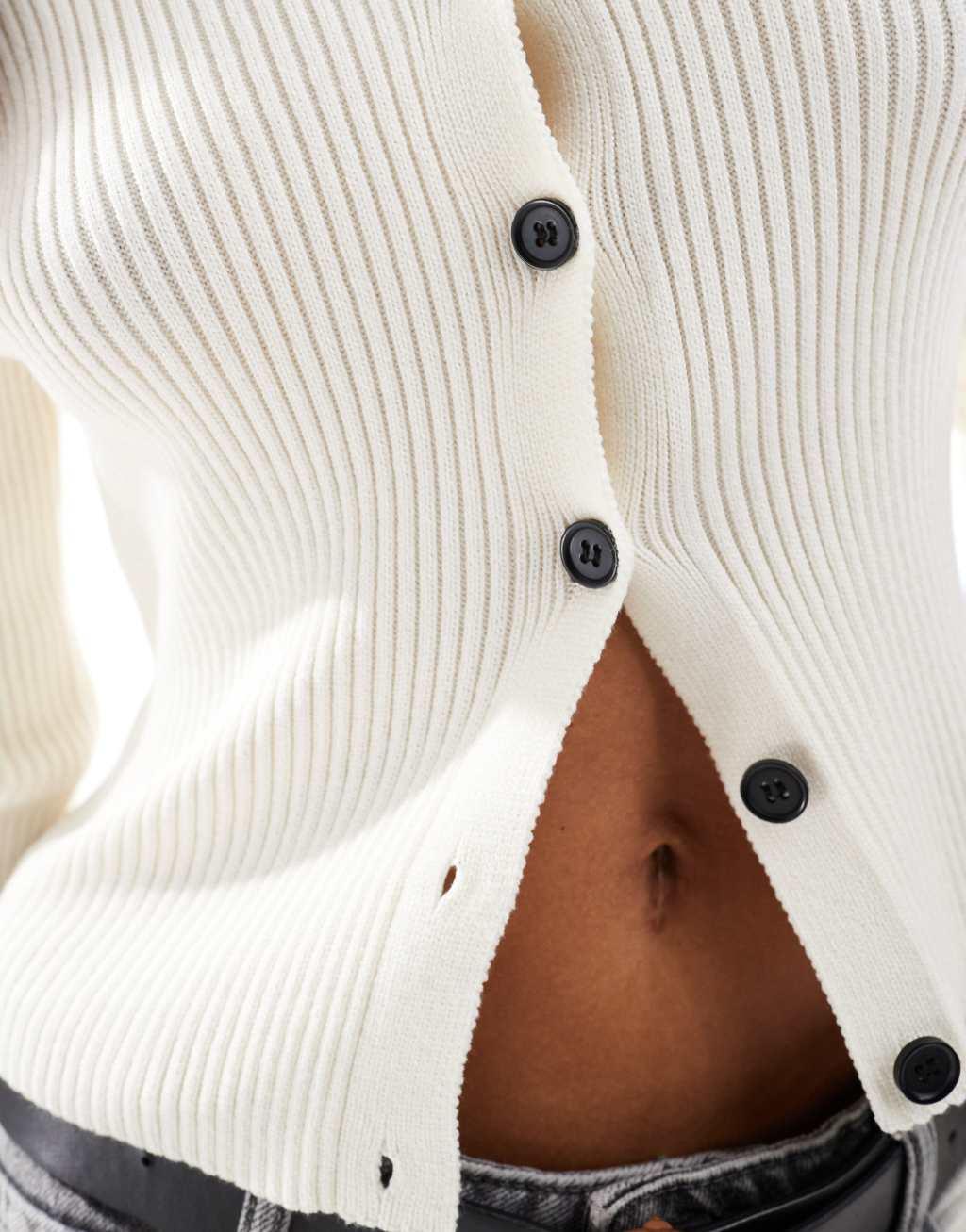 ASOS DESIGN knit V-neck rib cardigan in cream Product Image