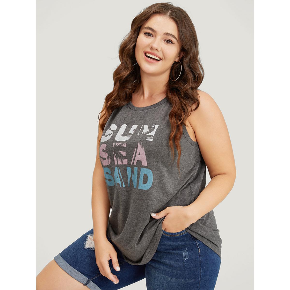Plus Size Letter & Coconut Tree Print Crew Neck Graphic Tank Top Women Gray Casual Dailywear Tank Tops Camis BloomChic 12/L Product Image