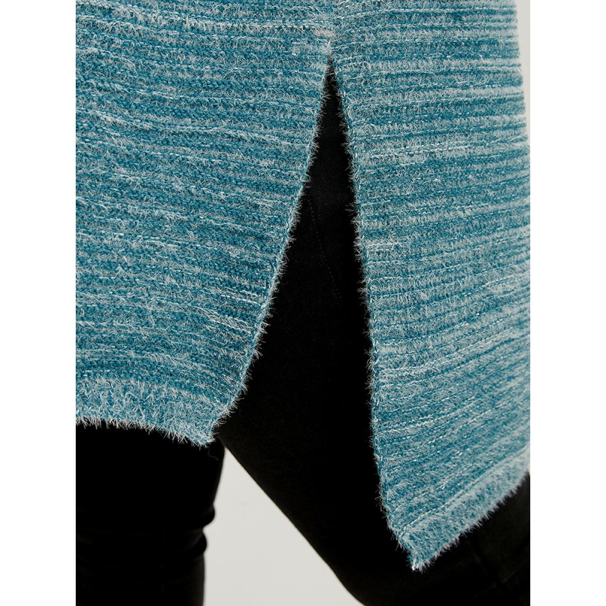 Plus Size Solid Pointelle Knit Split Hem Funnel Neck Fluffy Knit Top Aegean Women Elegant Oversized Long Sleeve Lapel Collar Dailywear Pullovers BloomChic 14-16/1X Product Image