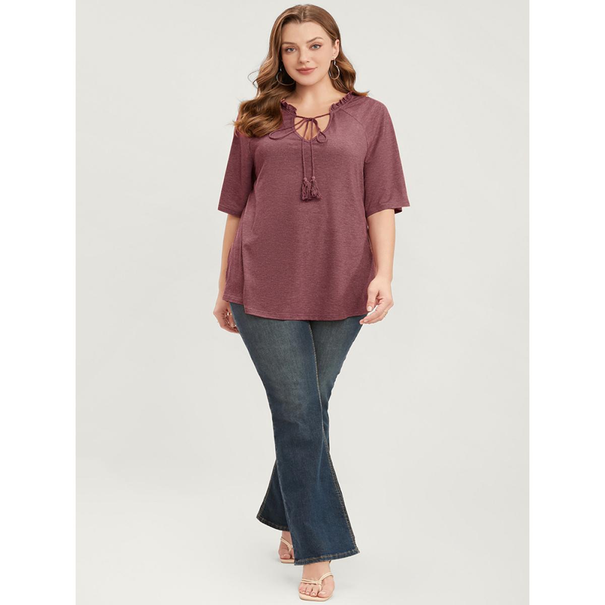 Plus Size Plain Ties Up Frill Trim Raglan Sleeve Tee Scarlet Women Casual Ruffles Plain V-neck Dailywear T-shirts BloomChic 28/5X Product Image