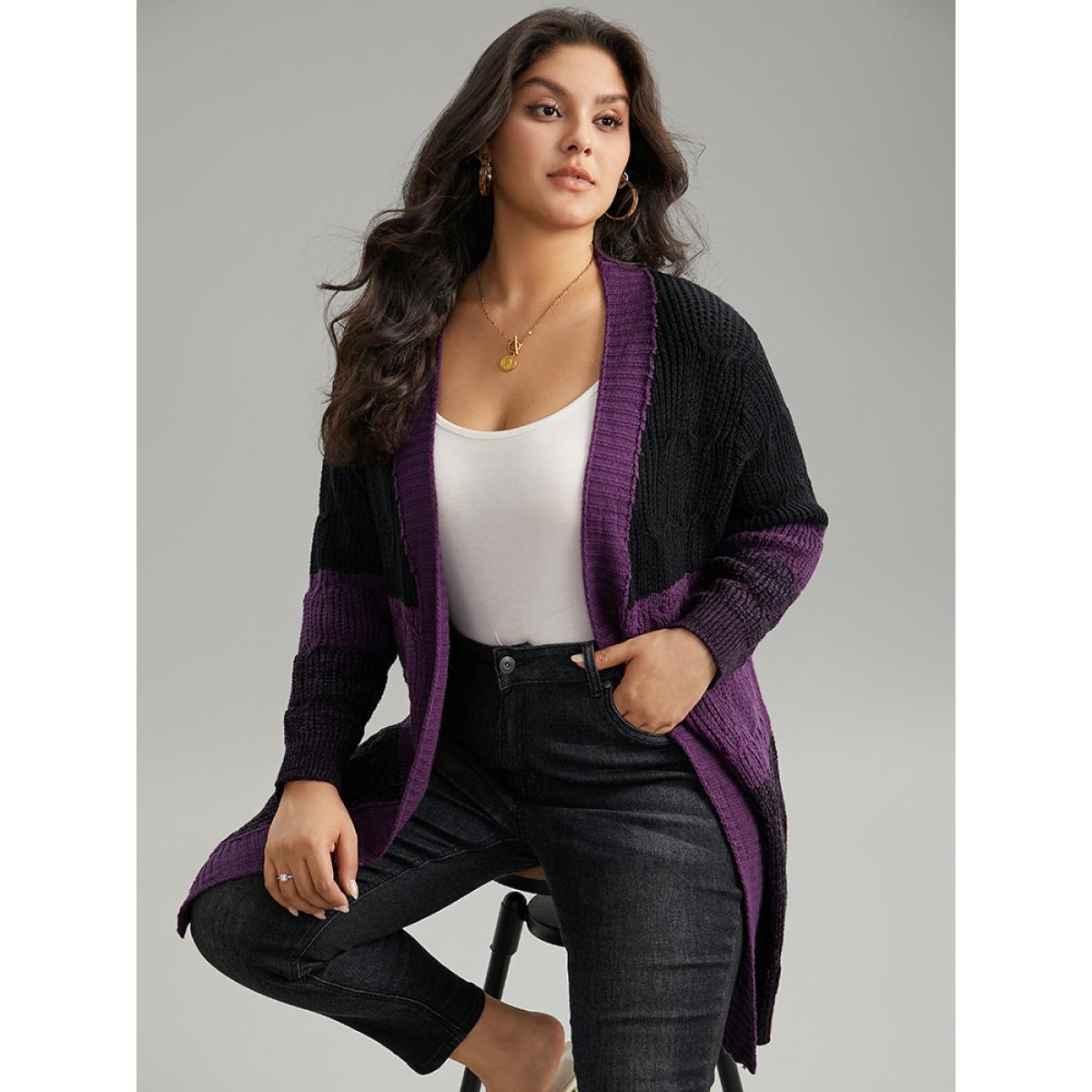 Plus Size Colorblock Heather Open Front Tunic Cardigan Purple Women Casual Loose Long Sleeve Dailywear Cardigans BloomChic 10/M Product Image
