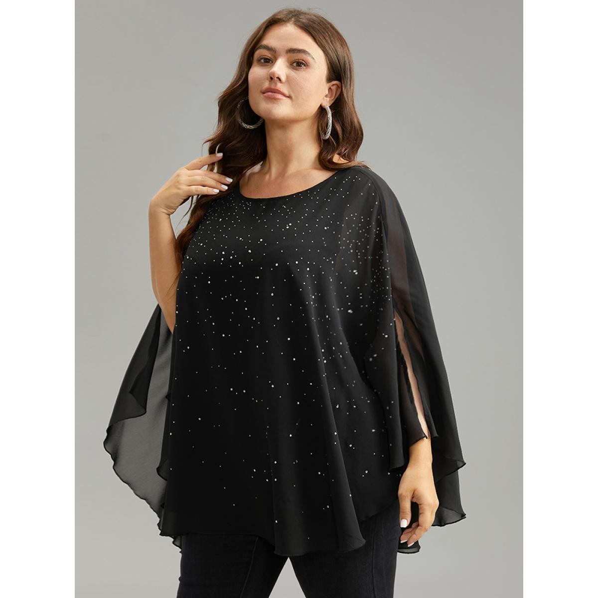 Plus Size Black Chiffon Rhinestone Split Dolman Sleeve Blouse Women Cocktail Elbow-length sleeve Round Neck Party Blouses BloomChic 18-20/2X Product Image