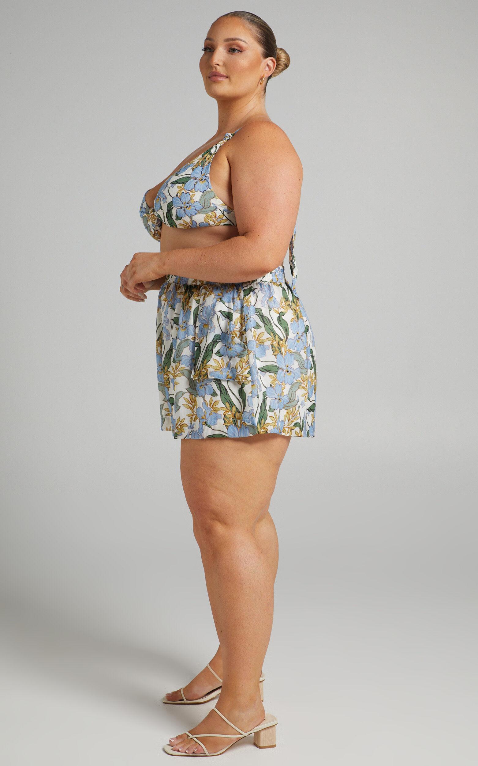 Amalie The Label - Linen Estella Elastic Waist Relaxed Shorts in Iris Floral Product Image