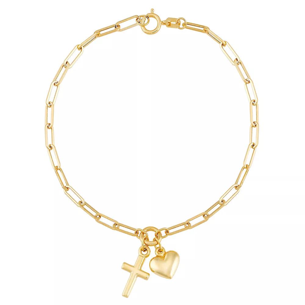 Everlasting Gold 10k Gold Paperclip Chain Cross & Heart Charm Bracelet, Womens Product Image