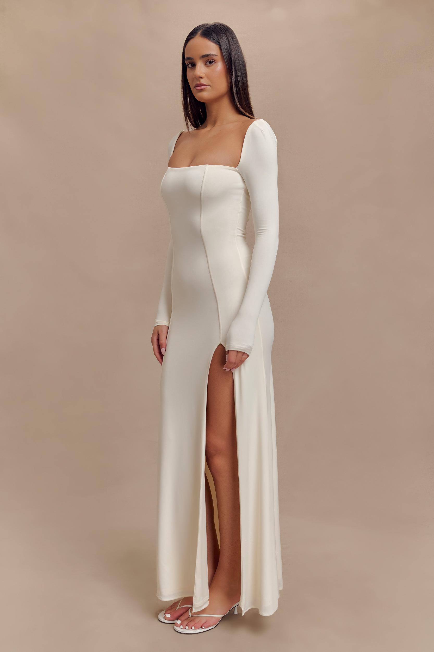 Desirie Slinky Long Sleeve Maxi Dress With Split - Ivory Product Image