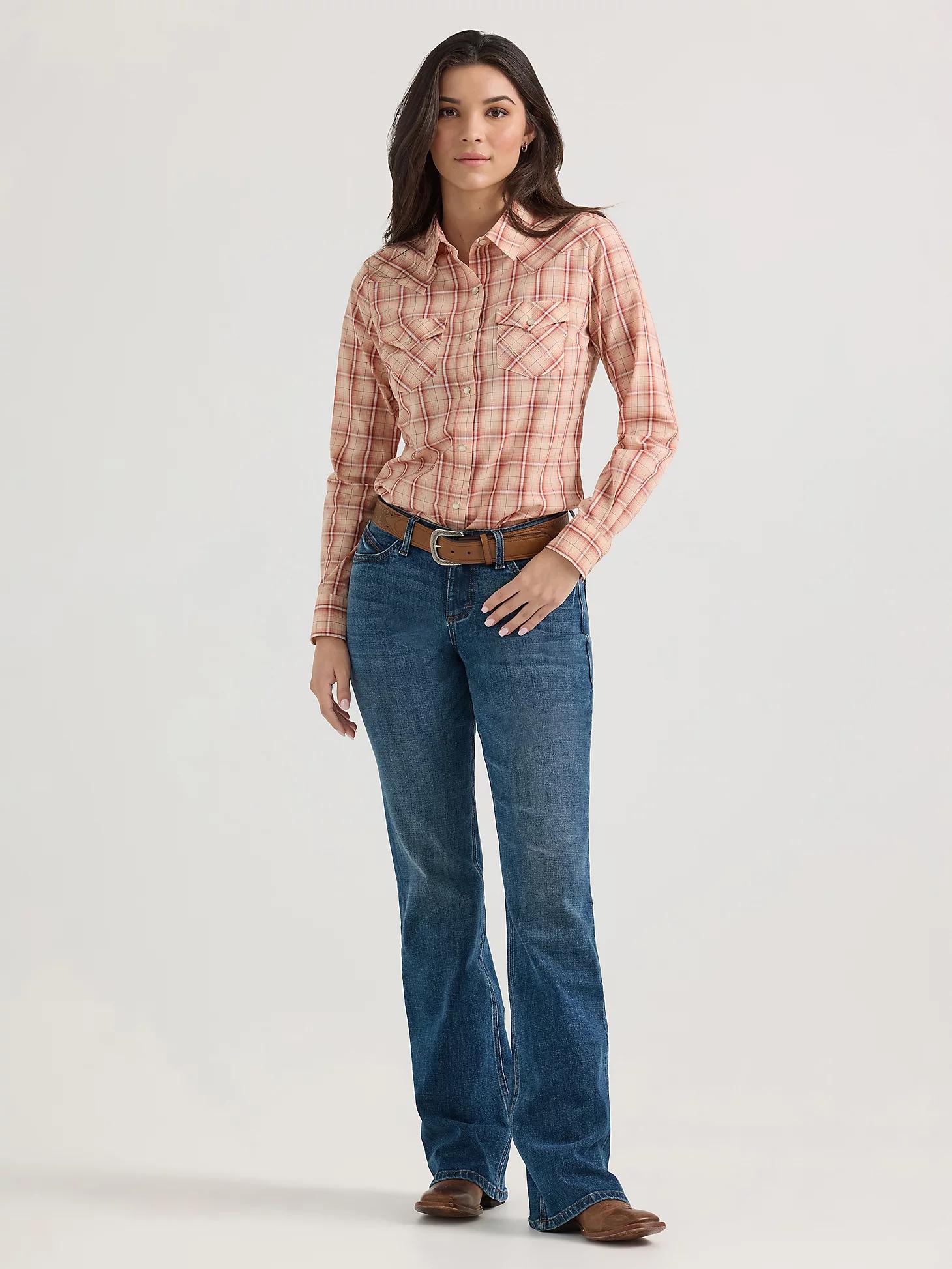 Women's Essential Long Sleeve Plaid Western Snap Top in Peachy Product Image