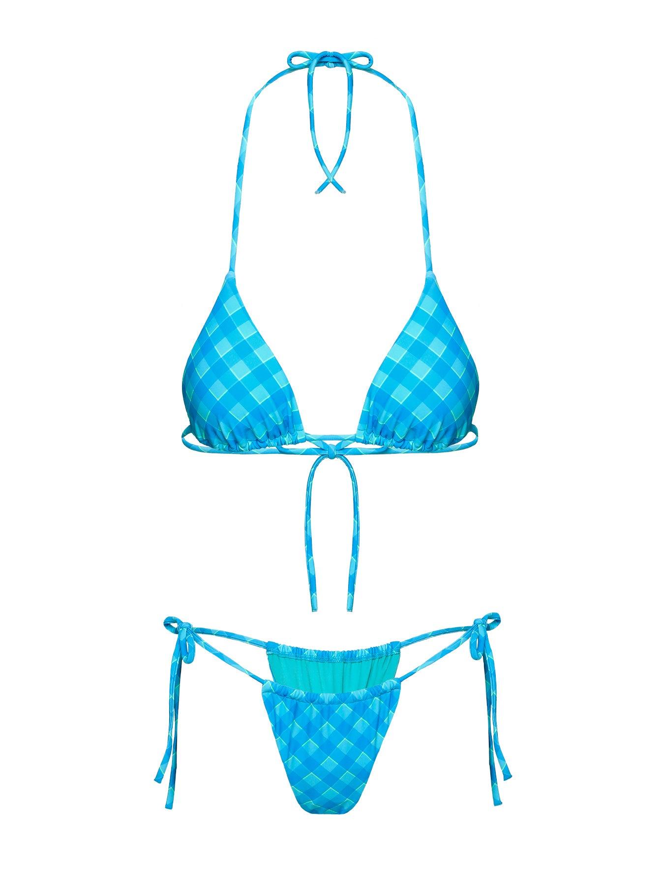 Jenner Tie Side Ruched Bikini Bottom Blue Check Product Image