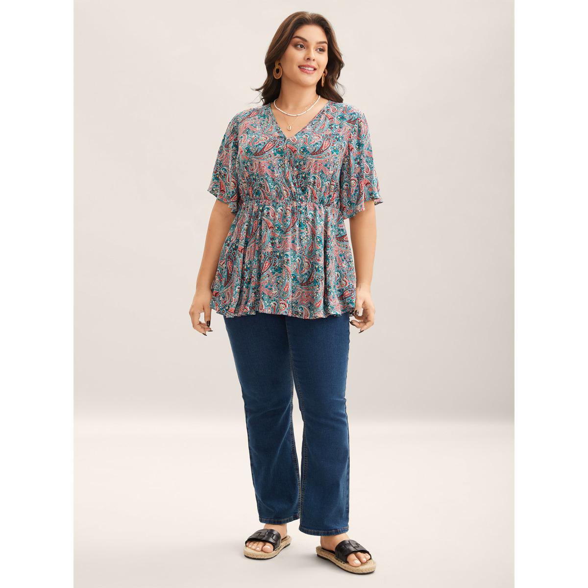 Plus Size DarkGreen Paisley Print V-Neck Flared Sleeve Blouse Women Boho Half Sleeve V-neck Vacation Blouses BloomChic 12/L Product Image