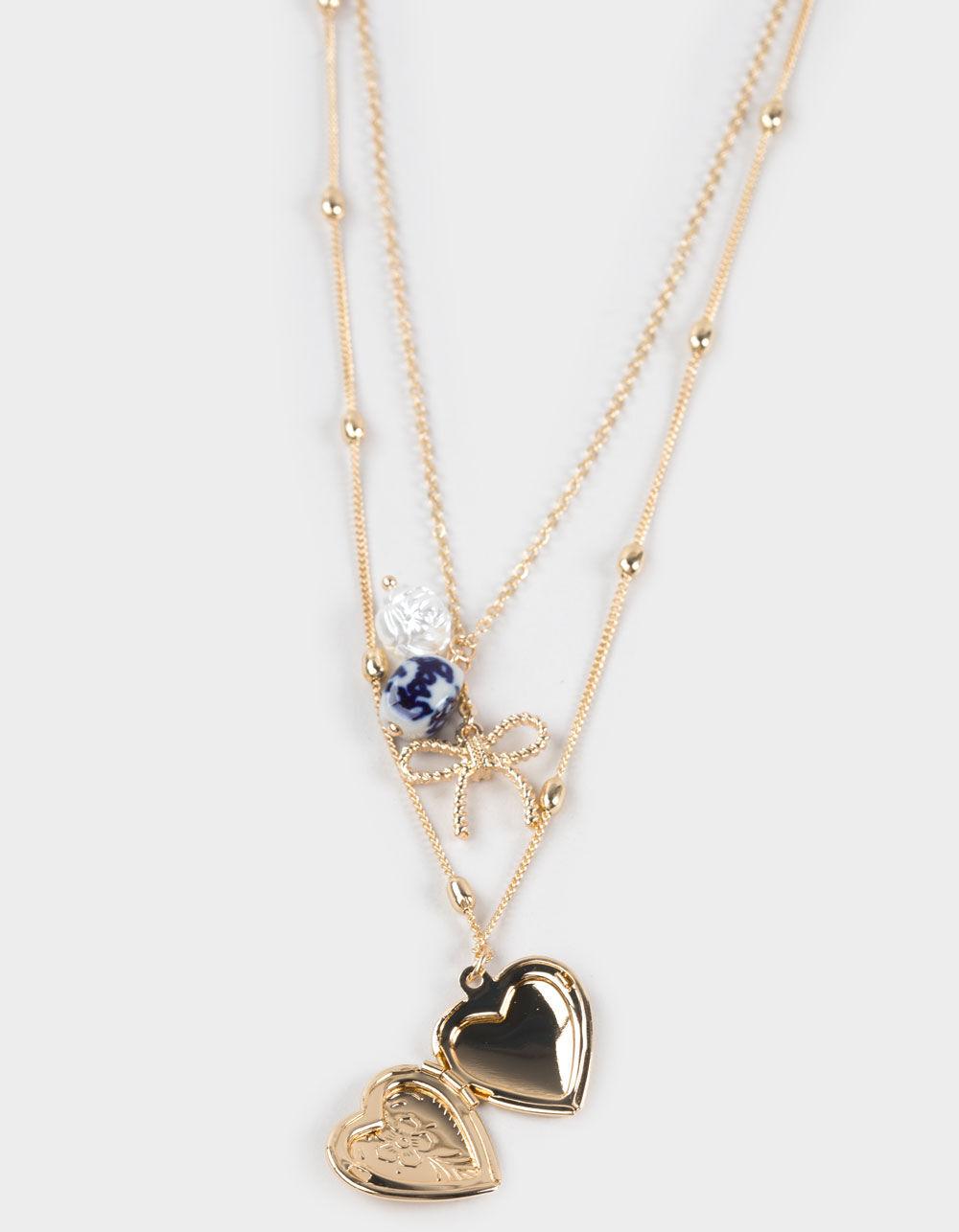 FULL TILT Locket Bow Beaded Layered Necklace - GOLD Product Image
