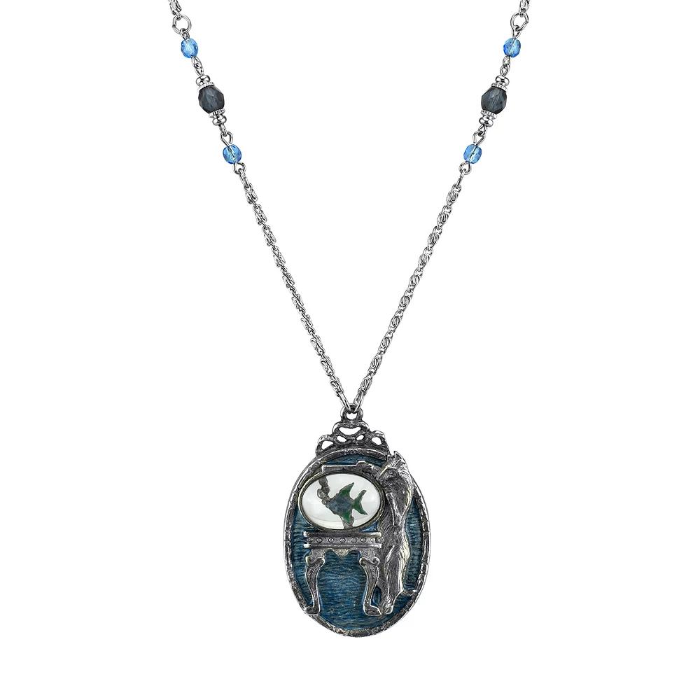 1928 Jewelry Pewter Cat with Blue Enamel Fishbowl Beaded Pendant Necklace, Womens Product Image