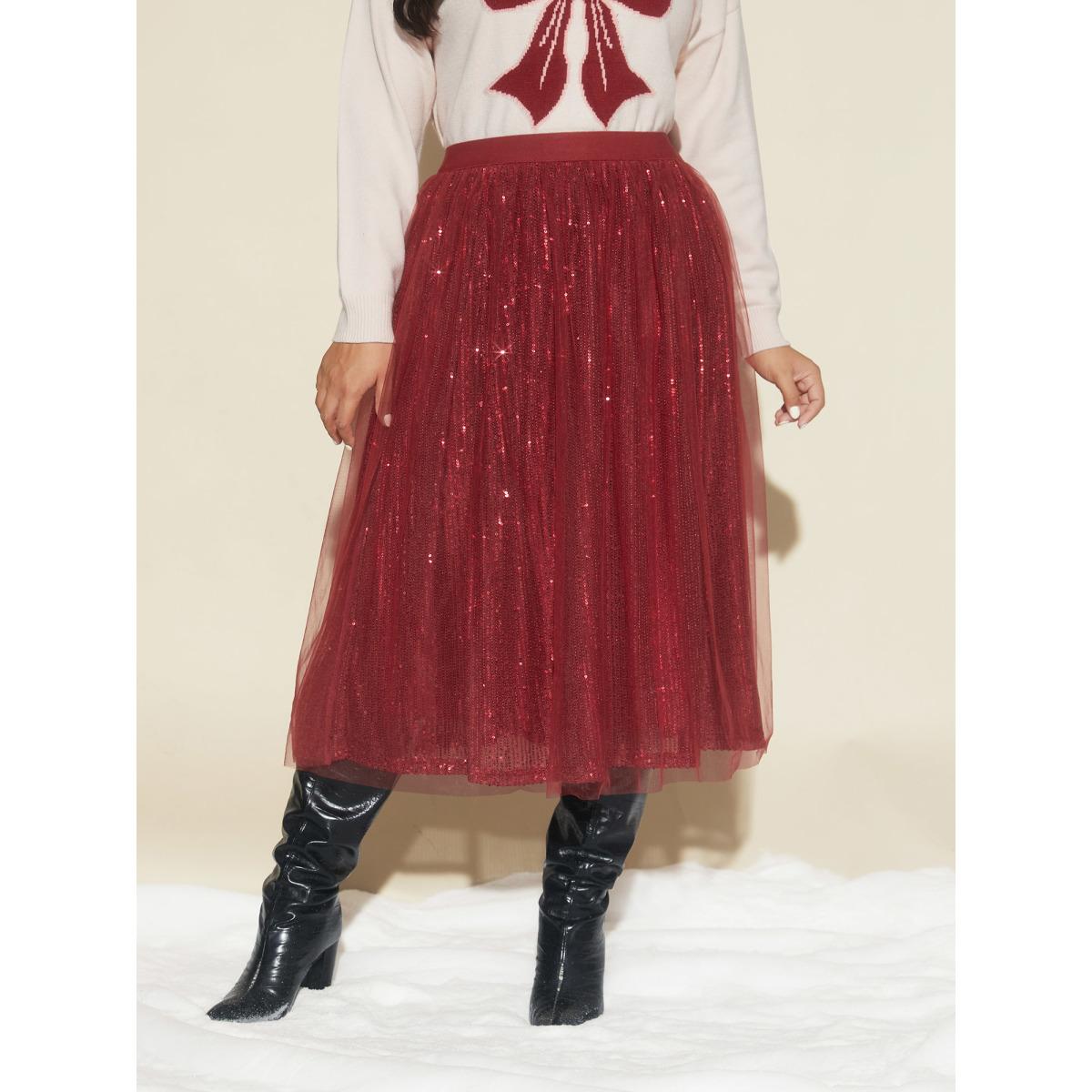 Plus Size Sequin Mesh Elastic Waist Midi Skirt Women Scarlet Formal Tiered Loose No stretch Party Skirts BloomChic 10/M Product Image