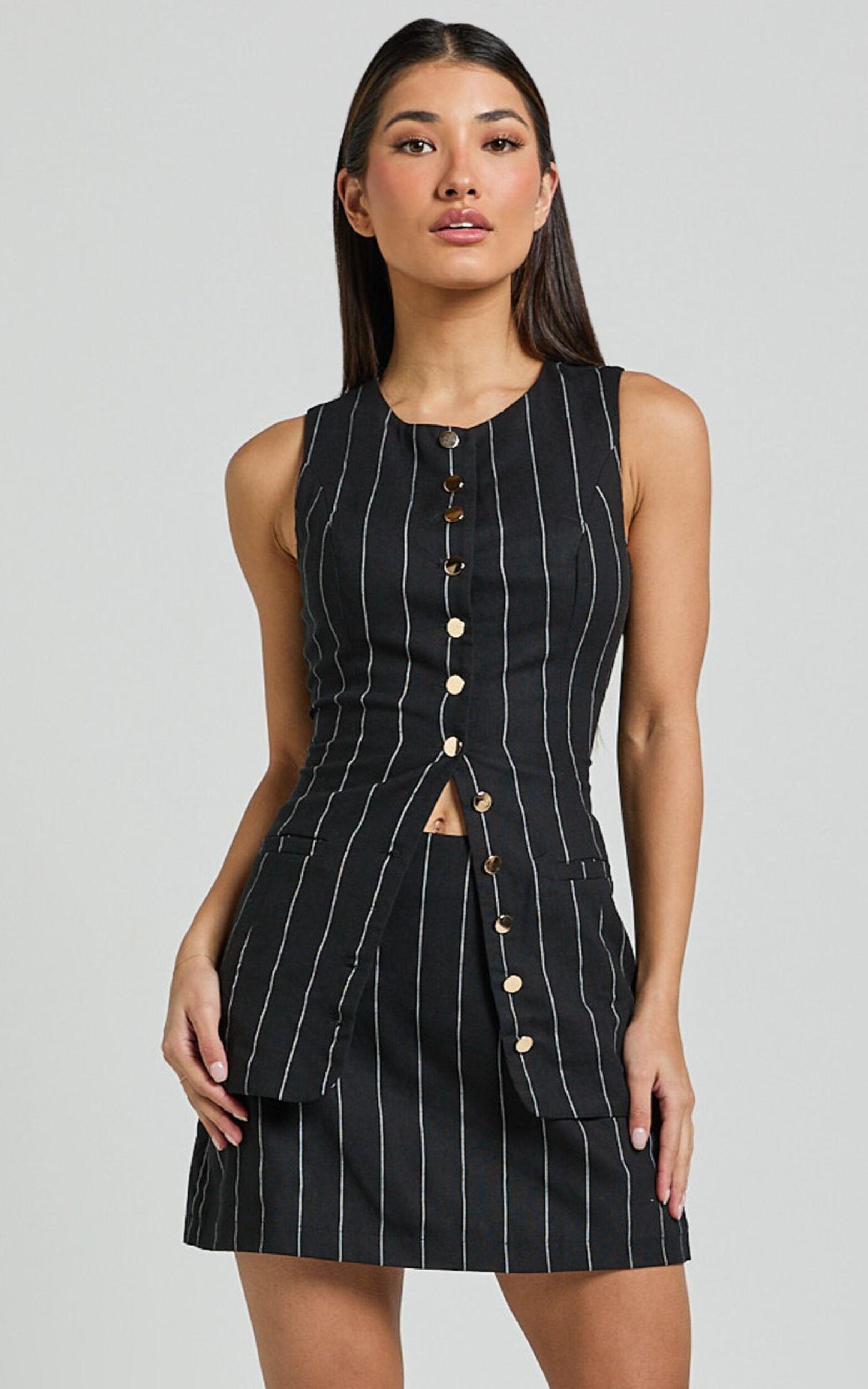 Calvin Two Piece Set - Tailored Linen Scoop Neck Vest Top and A Line Mini Skirt Set in Black Product Image
