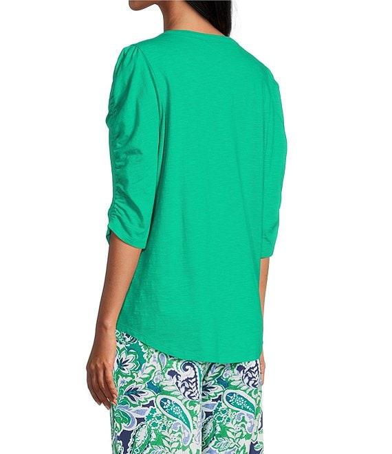 Investments Petite Size 3/4 Ruched Sleeve Crew Neck Top Product Image