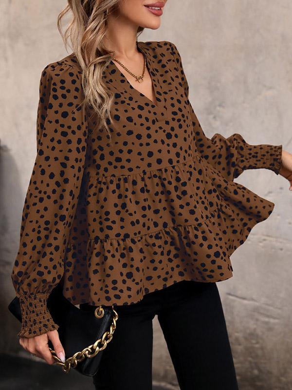 Long Sleeves Loose Elasticity Polka-Dot Split-Joint V-Neck Blouses&Shirts Tops Product Image