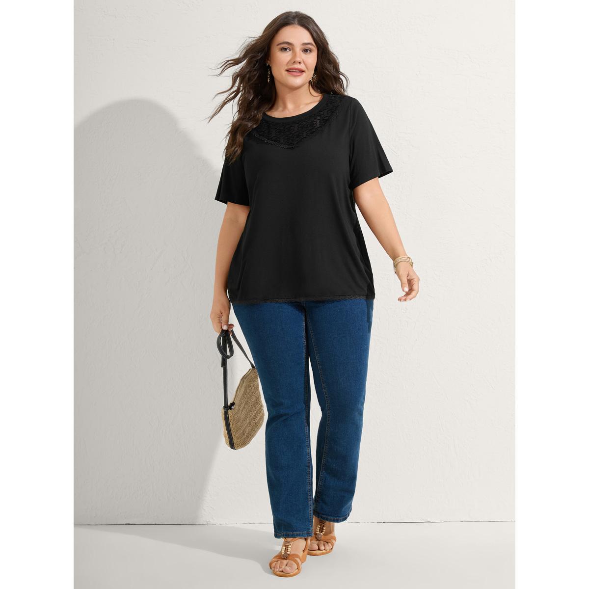 Plus Size Lace Neck Flowy Sleeve Solid T-Shirt Black Women Round Neck Vacation T-shirts BloomChic 28/5X Product Image