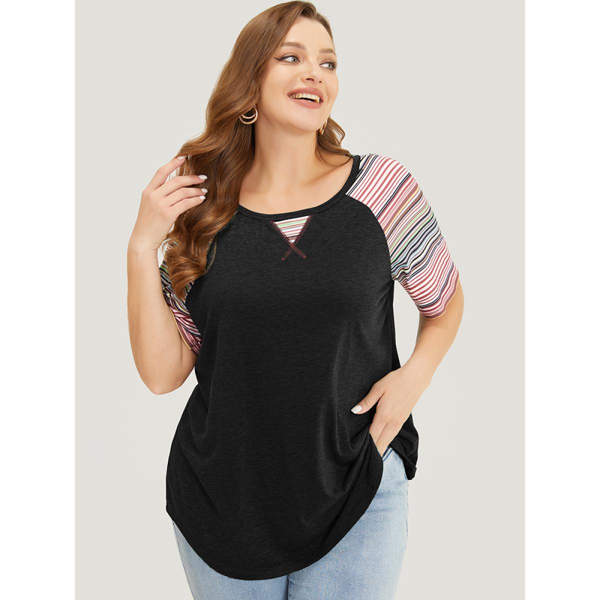 Plus Size Supersoft Essentials Striped Contrast Raglan Sleeve Curved Hem T-shirt Black Women Casual Contrast Plain Round Neck Everyday T-shirts BloomChic 18-20/2X Product Image