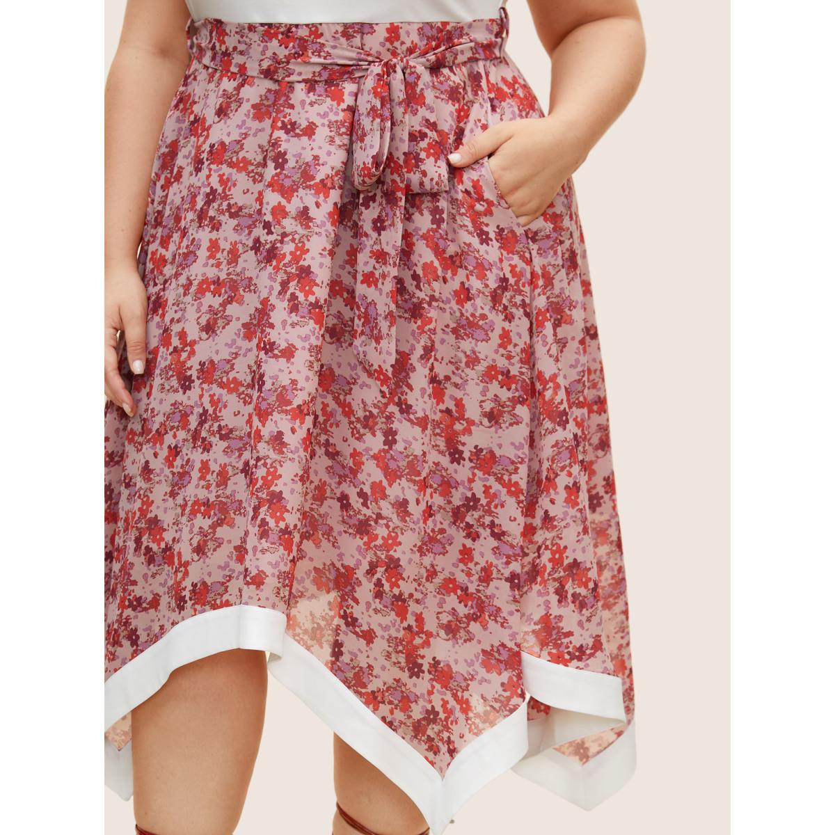 Plus Size Ditsy Floral Patchwork Hanky Hem Midi Dress Lightpink Women Elegant Belted Round Neck Sleeveless Curvy BloomChic 18-20/2X Product Image