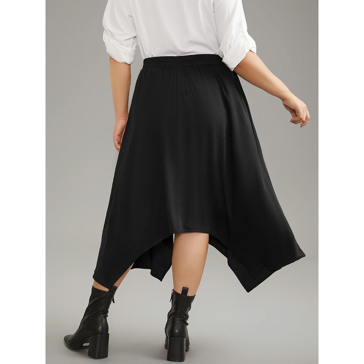 Plus Size Solid Rayon Elastic Waist Pocket Hanky Hem Skirt Women Black Office Plain No stretch Pocket Work Skirts BloomChic 22-24/3X Product Image