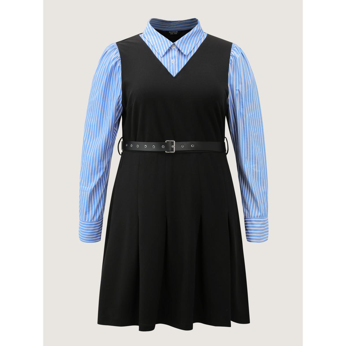Plus Size 2-in-1 Color Contrast Belted Midi Dress Black Women Office Shirt collar Extra Long Sleeve Curvy BloomChic 10/M Product Image