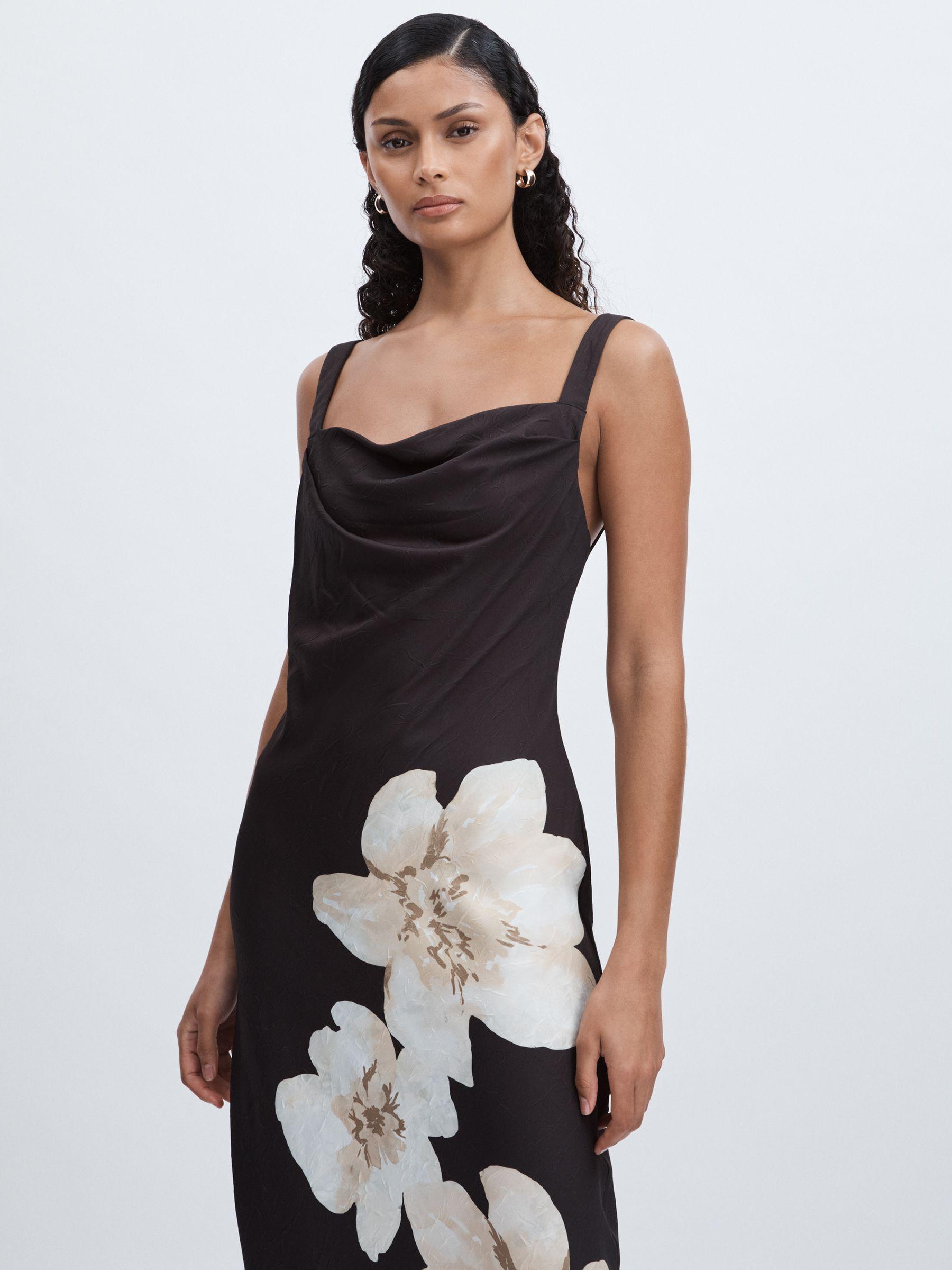 Alia Midi Satin Flower Print Midi Dress in Grey Multi Product Image