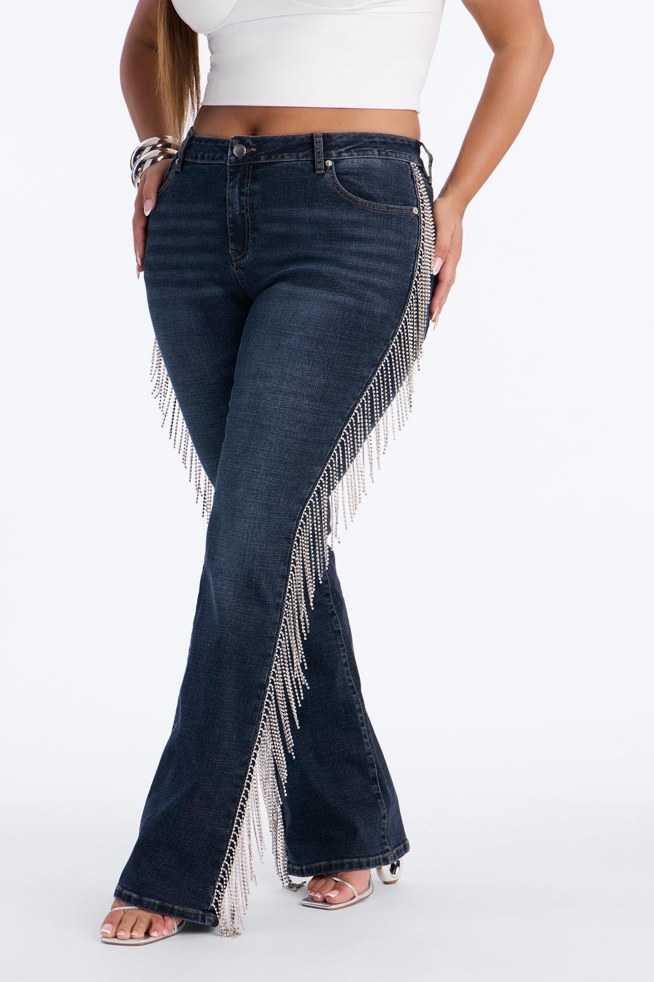 Cosmic Cowgirl Rhinestone Fringe Bootcut Jeans - Dark Wash Female Product Image