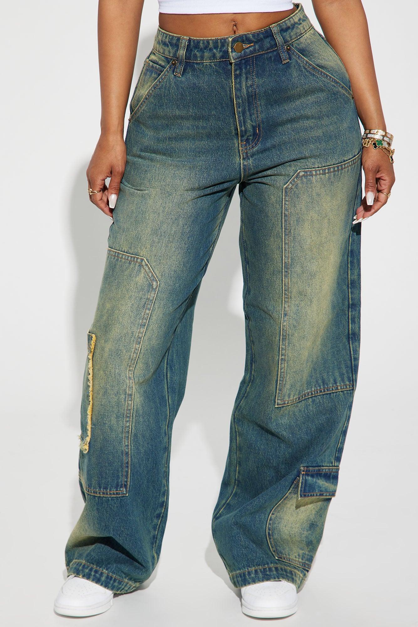 Wherever Whenever Non Stretch Tinted Wide Leg Cargo Jean - Dark Wash Product Image