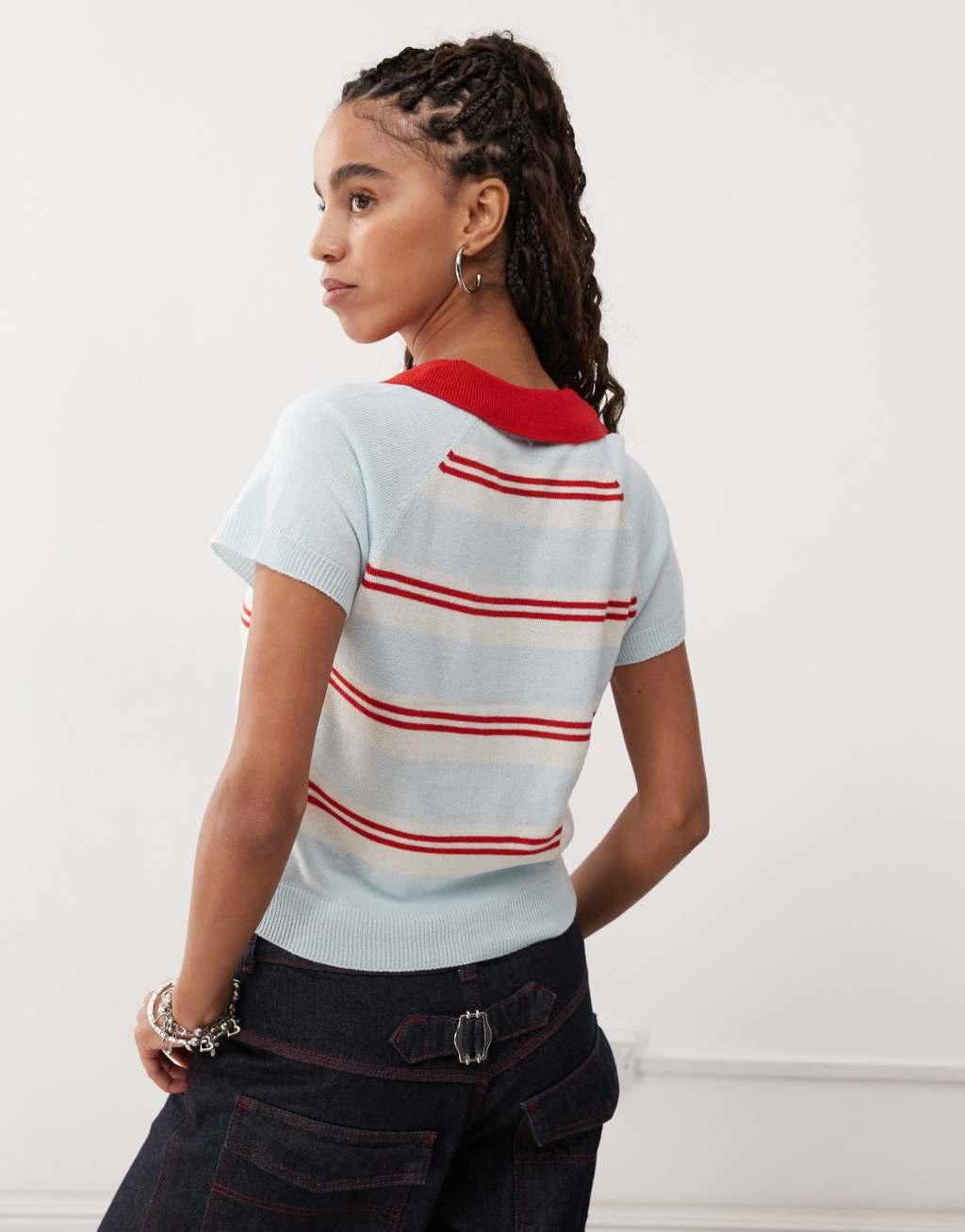 COLLUSION stripe button down top in light blue Product Image
