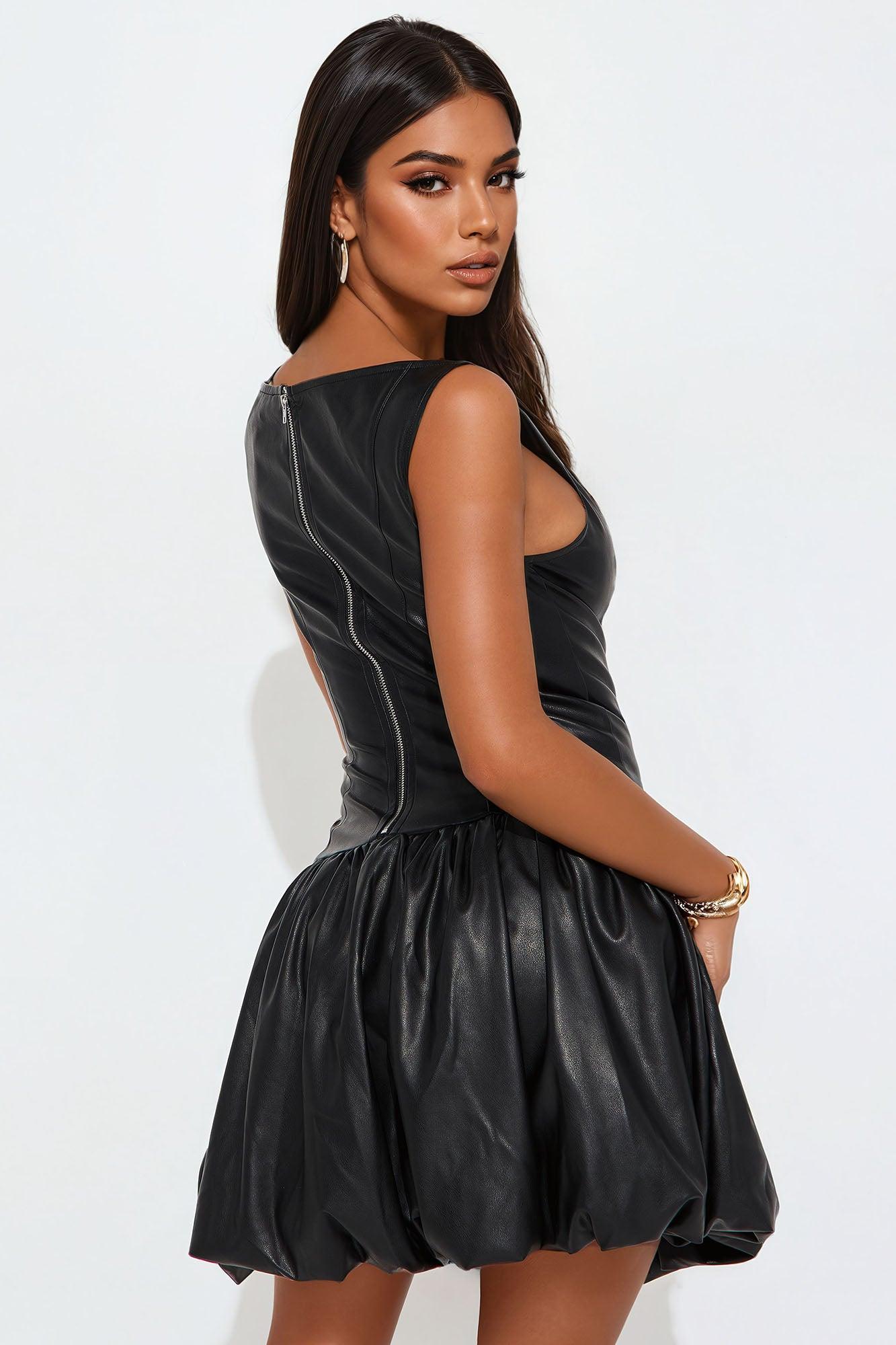 Kaia Faux Leather Bubble Mini Dress - Black Product Image